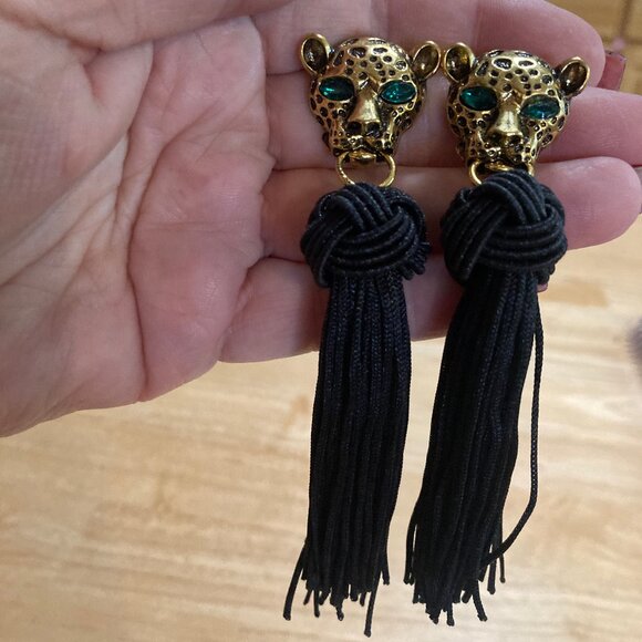 Long Black Tassel Earrings Hanging From Golden Leopard Face With Green Eyes - Picture 2 of 5